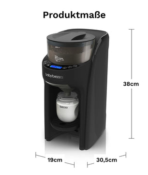 Der BABY BREZZA Baby Brezza Formula Pro Advanced Flaschenzubereiter - schwarz hat die angegebenen Maße von 38 cm Höhe, 30,5 cm Tiefe und 19 cm Breite.