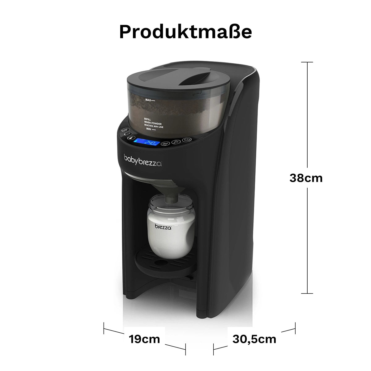 Der BABY BREZZA Baby Brezza Formula Pro Advanced Flaschenzubereiter - schwarz hat die angegebenen Maße von 38 cm Höhe, 30,5 cm Tiefe und 19 cm Breite.