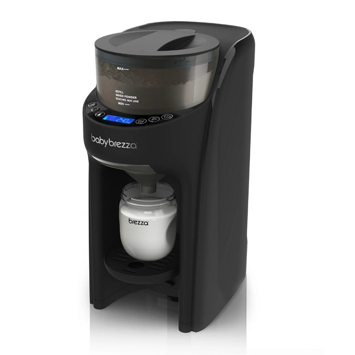 Der BABY BREZZA Formula Pro Advanced Flaschenzubereiter - schwarz ermöglicht eine einfache und präzise Milchzubereitung mit positionierter Flasche unter dem Auslauf.