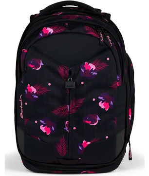 Der Satch Match Schulrucksack - Mystic Nights von Satch: Schwarzer, erweiterbarer Rucksack mit pink-lila Blumenmuster, kleinem Frontfach und stabilem Stand. Ergonomisch designt.