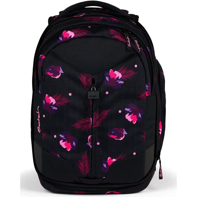 Der Satch Match Schulrucksack - Mystic Nights von Satch: Schwarzer, erweiterbarer Rucksack mit pink-lila Blumenmuster, kleinem Frontfach und stabilem Stand. Ergonomisch designt.