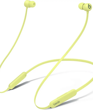Beats Flex All-Day Wireless In-Ear-Kopfhörer – gelb von Beats, ausgestattet mit einem Nackenbügel und Inline-Bedienelementen, mit dem Apple W1-Chip, abgebildet auf weißem Hintergrund.