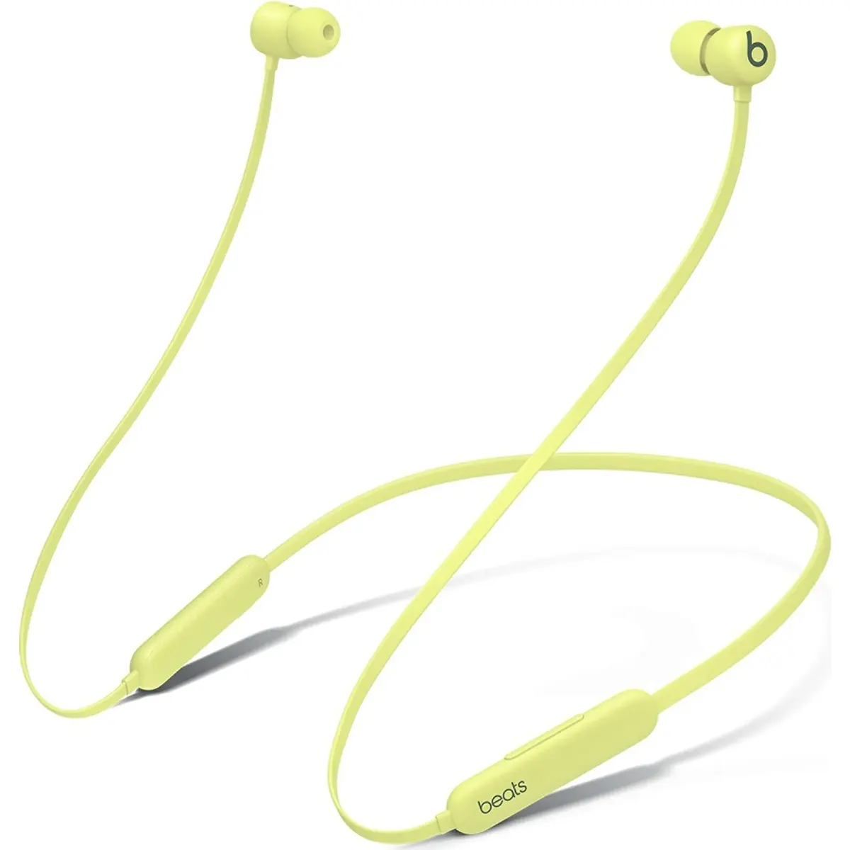 Beats Flex All-Day Wireless In-Ear-Kopfhörer – gelb von Beats, ausgestattet mit einem Nackenbügel und Inline-Bedienelementen, mit dem Apple W1-Chip, abgebildet auf weißem Hintergrund.