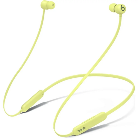 Beats Flex All-Day Wireless In-Ear-Kopfhörer – gelb von Beats, ausgestattet mit einem Nackenbügel und Inline-Bedienelementen, mit dem Apple W1-Chip, abgebildet auf weißem Hintergrund.