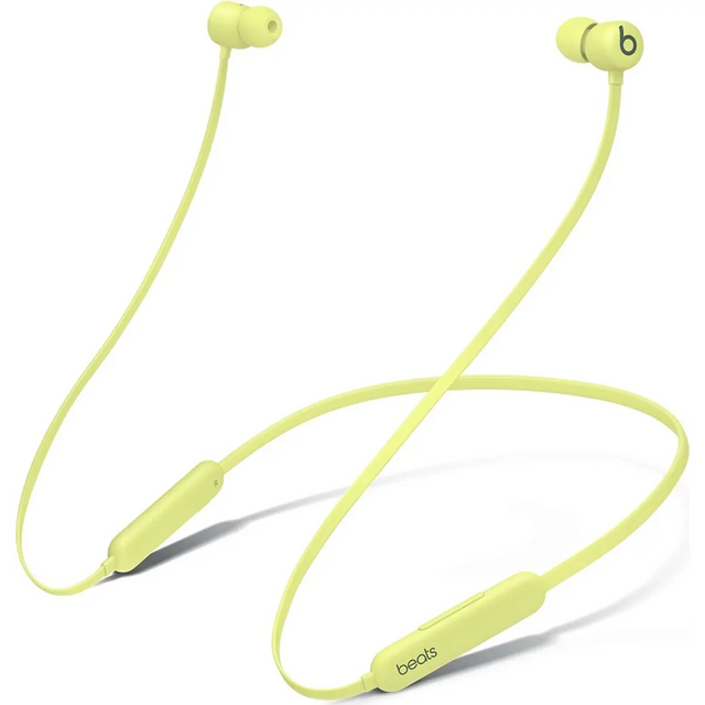 Beats Flex All-Day Wireless In-Ear-Kopfhörer – gelb von Beats, ausgestattet mit einem Nackenbügel und Inline-Bedienelementen, mit dem Apple W1-Chip, abgebildet auf weißem Hintergrund.