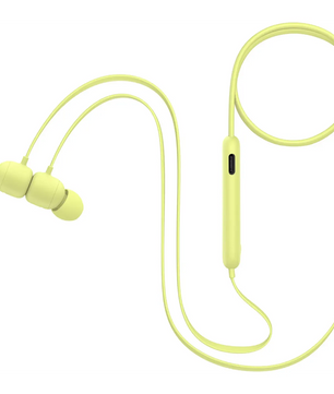 Beats Flex All-Day Wireless In-Ear-Kopfhörer – gelb von Beats mit Nackenbügel und integrierten Bedientasten werden auf weißem Hintergrund abgebildet.