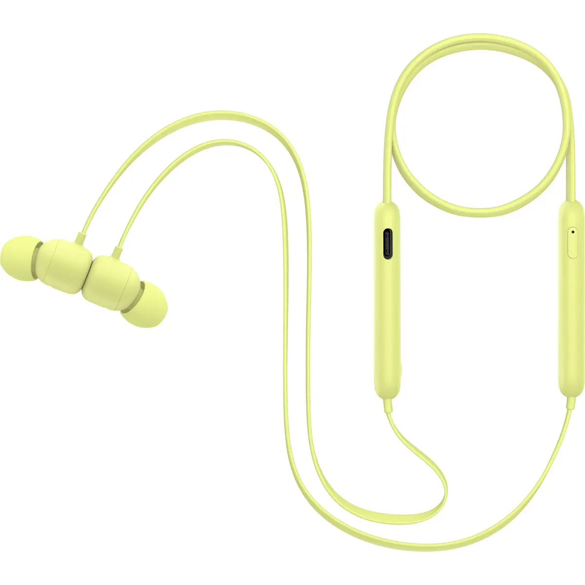 Beats Flex All-Day Wireless In-Ear-Kopfhörer – gelb von Beats mit Nackenbügel und integrierten Bedientasten werden auf weißem Hintergrund abgebildet.