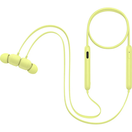 Beats Flex All-Day Wireless In-Ear-Kopfhörer – gelb von Beats mit Nackenbügel und integrierten Bedientasten werden auf weißem Hintergrund abgebildet.