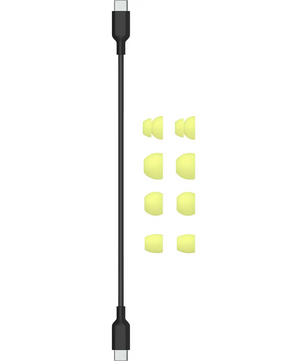 Neben dem „Beats Flex All-Day Wireless In-Ear-Kopfhörer – gelb“ von Beats, der mit dem Apple W1-Chip ausgestattet ist, sind ein schwarzes USB-C-Kabel für den Beats Flex sowie neun gelbe Ohrstöpsel in verschiedenen Größen abgebildet.