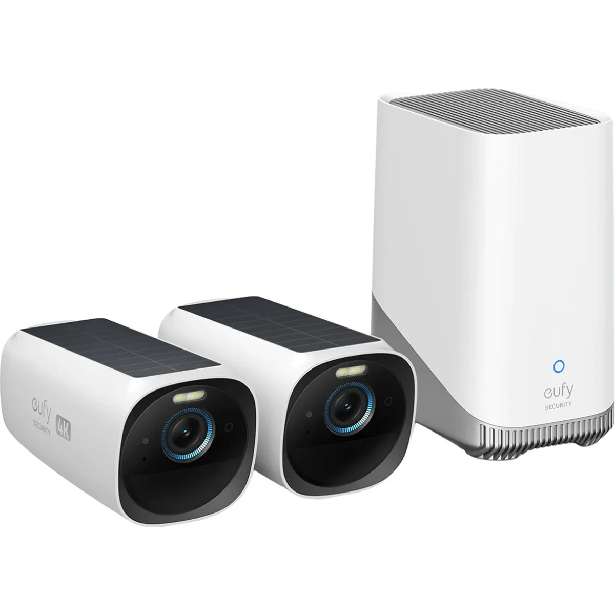 Auf einem einfarbigen Hintergrund sind zwei weiße eufyCam 3 S330-Überwachungskameras und eine kabellose Basisstation von eufy abgebildet. Dieses kabellose Kamerasystem ermöglicht eine gestochen scharfe Überwachung Ihres Zuhauses.