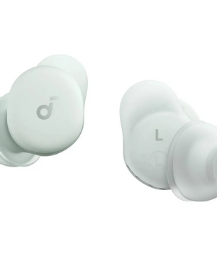 Zwei grüne, kabellose Soundcore Sleep A30 In-Ear-Kopfhörer mit Silikon-Ohrstöpseln, präsentiert vor weißem Hintergrund. Diese eleganten Soundcore-Ohrhörer bieten aktive Geräuschunterdrückung und eignen sich ideal zur Schnarchunterdrückung für eine ruhige Nacht.