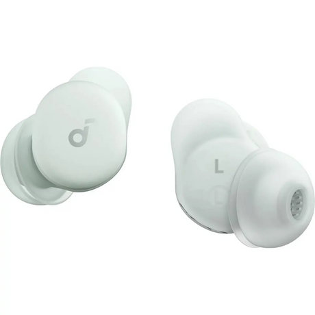 Zwei grüne, kabellose Soundcore Sleep A30 In-Ear-Kopfhörer mit Silikon-Ohrstöpseln, präsentiert vor weißem Hintergrund. Diese eleganten Soundcore-Ohrhörer bieten aktive Geräuschunterdrückung und eignen sich ideal zur Schnarchunterdrückung für eine ruhige Nacht.