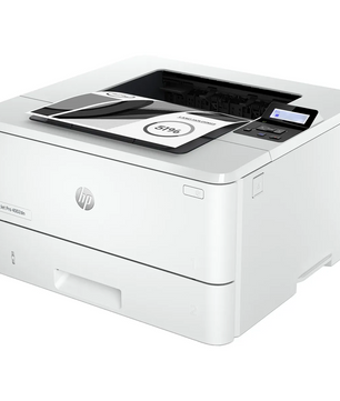 Der HP LaserJet Pro 4002dn Laserdrucker in Weiß von HP, hier abgebildet mit auf dem Gerät liegenden Dokumenten und ausgestattet mit einem kleinen Display und einem Bedienfeld, bietet praktischen Duplexdruck für effizientes beidseitiges Drucken.