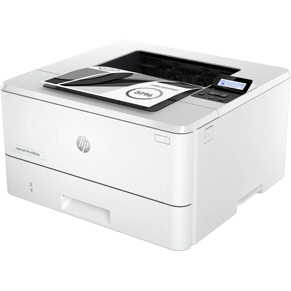 Der HP LaserJet Pro 4002dn Laserdrucker in Weiß von HP, hier abgebildet mit auf dem Gerät liegenden Dokumenten und ausgestattet mit einem kleinen Display und einem Bedienfeld, bietet praktischen Duplexdruck für effizientes beidseitiges Drucken.
