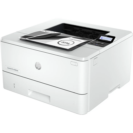 Der HP LaserJet Pro 4002dn Laserdrucker in Weiß von HP, hier abgebildet mit auf dem Gerät liegenden Dokumenten und ausgestattet mit einem kleinen Display und einem Bedienfeld, bietet praktischen Duplexdruck für effizientes beidseitiges Drucken.