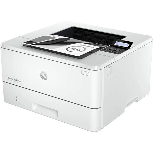 Der HP LaserJet Pro 4002dn Laserdrucker in Weiß von HP, hier abgebildet mit auf dem Gerät liegenden Dokumenten und ausgestattet mit einem kleinen Display und einem Bedienfeld, bietet praktischen Duplexdruck für effizientes beidseitiges Drucken.