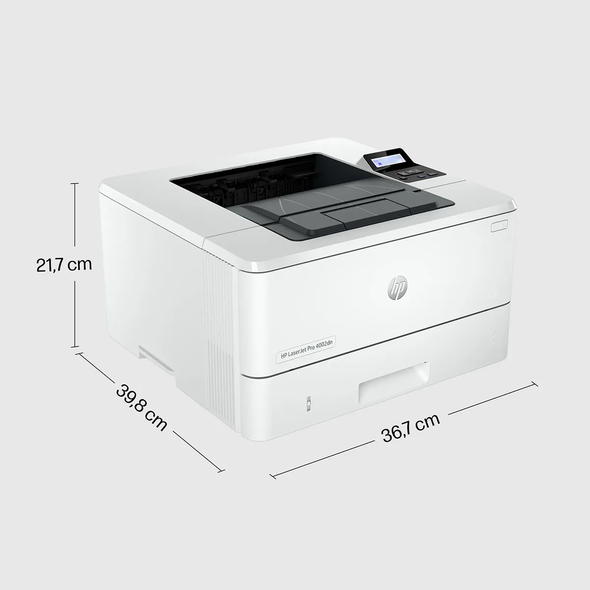 Der HP LaserJet Pro 4002dn Laserdrucker in Weiß von HP verfügt über ein Display und eine praktische Duplexdruckfunktion für effizientes beidseitiges Drucken. Das Gerät ist 21,7 cm hoch, 39,8 cm tief und 36,7 cm breit.