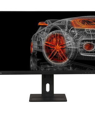 Ein Lenovo ThinkVision E27q-20 27-Zoll-WQHD-Monitor – schwarz zeigt ein 3D-Auto im Drahtgittermodell mit orangefarbenen Akzenten auf schwarzem Hintergrund und liefert dank IPS-Panel gestochen scharfe Bilder.