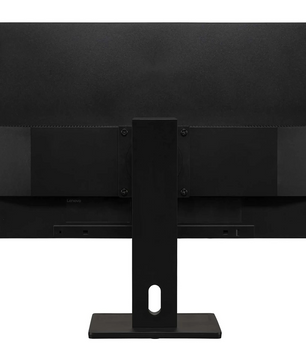 Rückansicht eines Lenovo ThinkVision E27q-20 27-Zoll-WQHD-Monitors in Schwarz mit IPS-Panel, rechteckigem Standfuß und integrierter Kabeldurchführung.