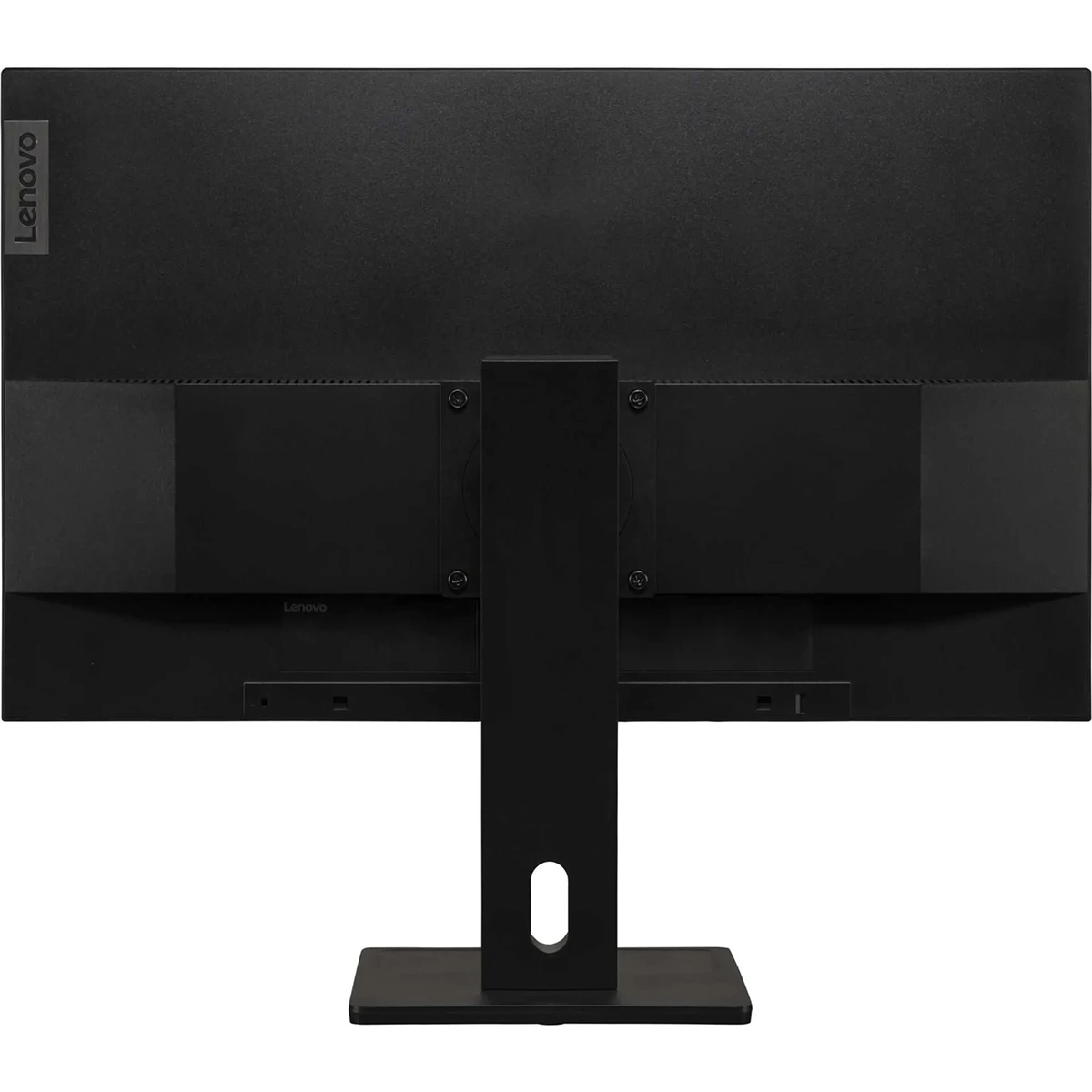 Rückansicht eines Lenovo ThinkVision E27q-20 27-Zoll-WQHD-Monitors in Schwarz mit IPS-Panel, rechteckigem Standfuß und integrierter Kabeldurchführung.