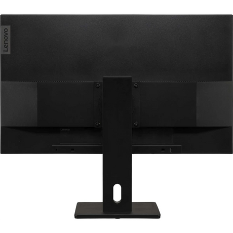 Rückansicht eines Lenovo ThinkVision E27q-20 27-Zoll-WQHD-Monitors in Schwarz mit IPS-Panel, rechteckigem Standfuß und integrierter Kabeldurchführung.