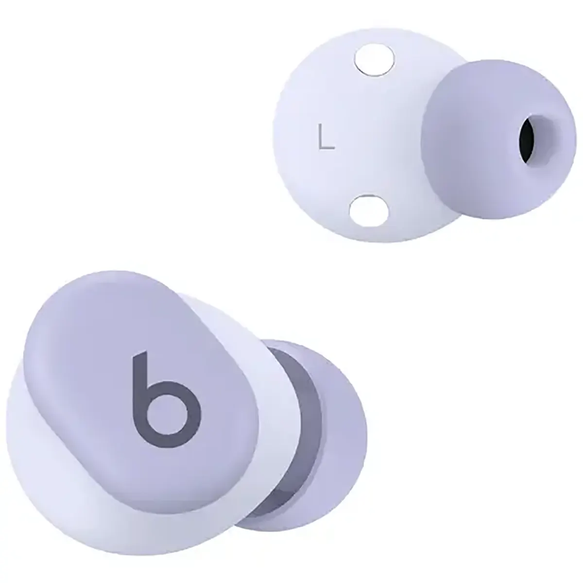Ein Paar Beats Solo Buds – Lila von Beats in Lila und Weiß, wobei ein Ohrhörer mit dem ikonischen Beats-Logo versehen ist und der andere zur besseren Orientierung die Ohrpassform und das „L“-Label aufweist – entwickelt, um bei jedem Gebrauch klare Klangqualität zu liefern.