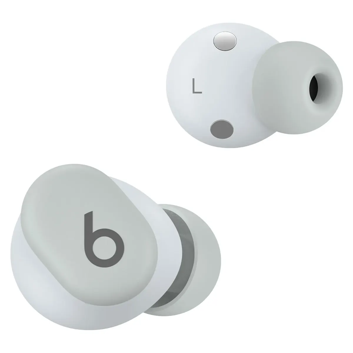 Die „Beats Solo Buds – grau“, kabellose Ohrhörer von Beats mit grauen Akzenten und dem markanten Beats-Logo, werden vor einem schlichten weißen Hintergrund präsentiert. Diese True-Wireless-In-Ear-Kopfhörer bieten eine hervorragende Geräuschisolierung für ein intensives Hörerlebnis.