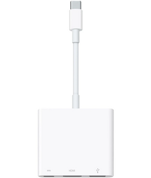 Der Apple USB-C Digital AV Multiport Adapter (MW5M3ZM/A) von Apple mit HDMI- und USB-Anschlüssen und einem kurzen Kabel ist auf einem schlichten weißen Hintergrund abgebildet. Dieser Adapter unterstützt 4K-HDMI-Konnektivität.