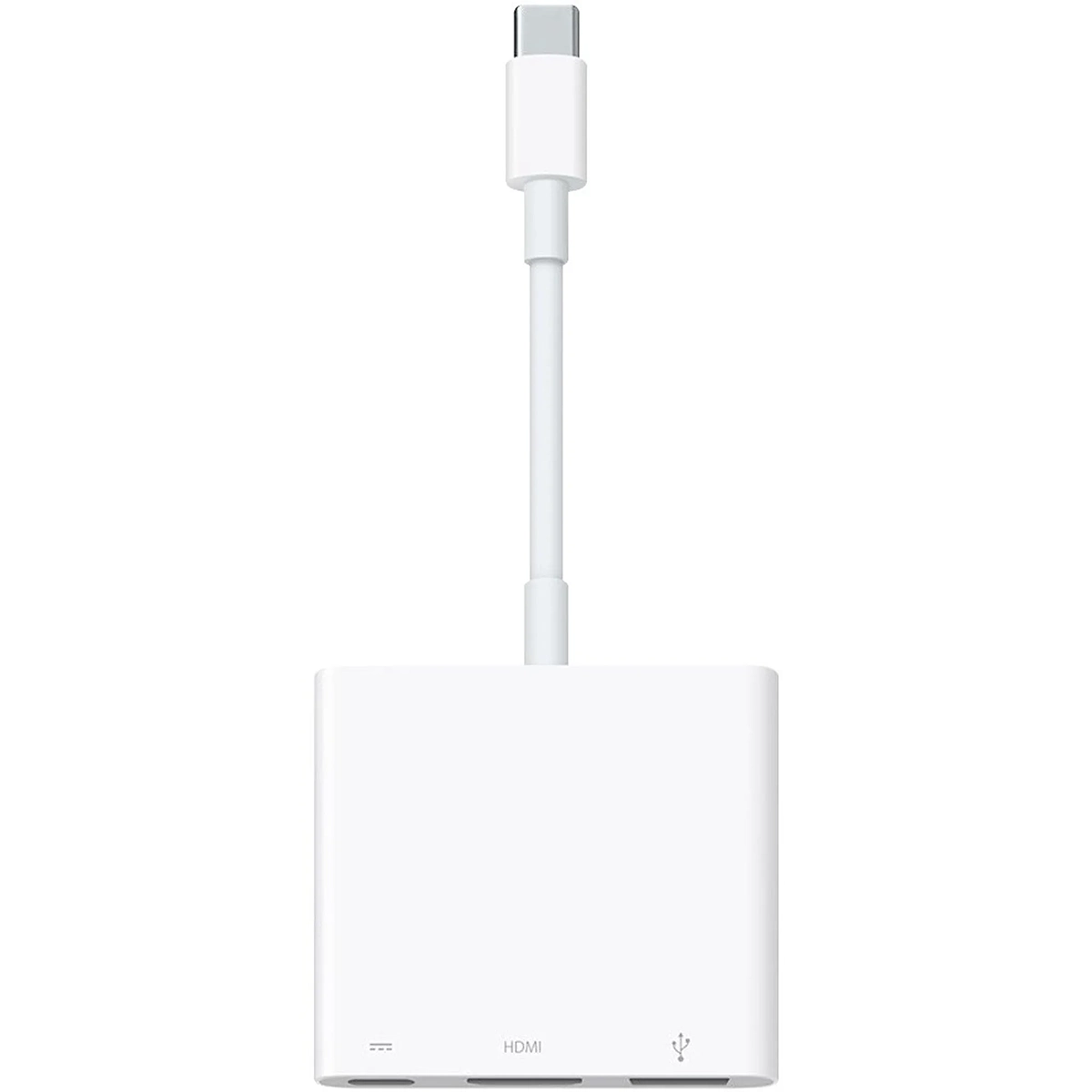 Der Apple USB-C Digital AV Multiport Adapter (MW5M3ZM/A) von Apple mit HDMI- und USB-Anschlüssen und einem kurzen Kabel ist auf einem schlichten weißen Hintergrund abgebildet. Dieser Adapter unterstützt 4K-HDMI-Konnektivität.
