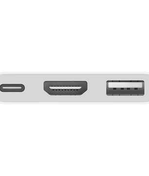 Nahaufnahme von USB-C-, HDMI- und USB-A-Anschlüssen an einem weißen Gerät, ähnlich dem Apple USB-C Digital AV Multiport Adapter (MW5M3ZM/A) von Apple.