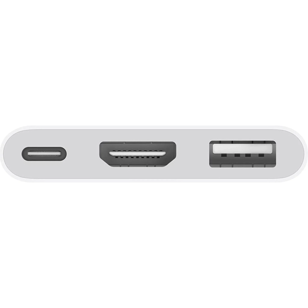 Nahaufnahme von USB-C-, HDMI- und USB-A-Anschlüssen an einem weißen Gerät, ähnlich dem Apple USB-C Digital AV Multiport Adapter (MW5M3ZM/A) von Apple.