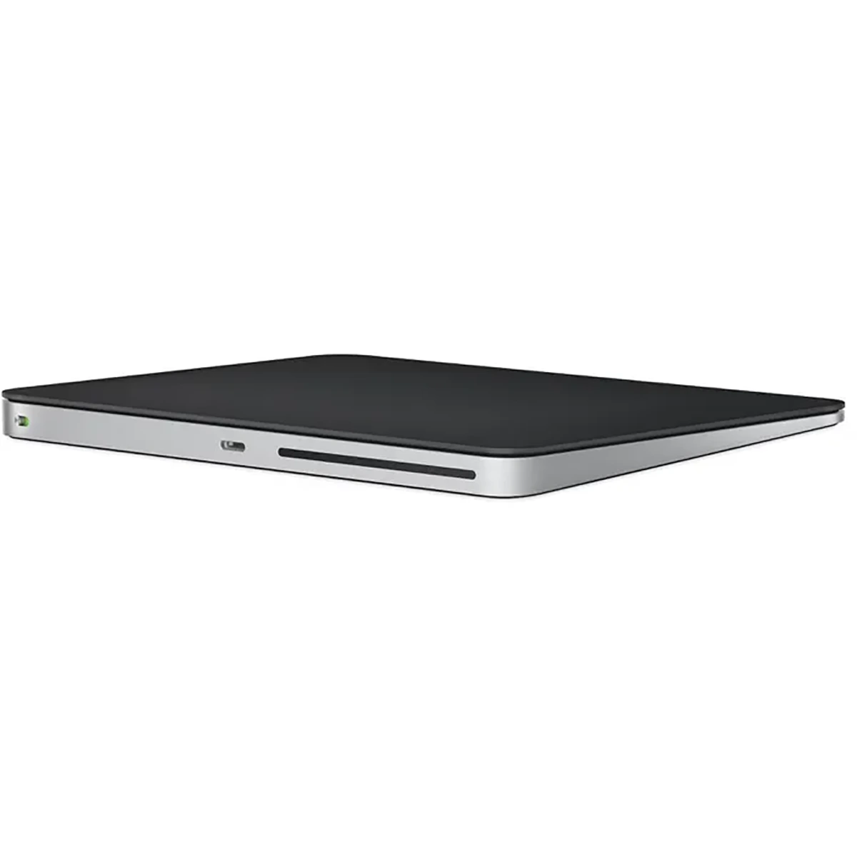 Schlankes externes DVD-Laufwerk mit schwarzer Oberseite und silbernen Seiten, das über einen Disc-Einschub und einen USB-Anschluss verfügt und das Apple Magic Trackpad - schwarz von Apple in Stil und Funktion nahtlos ergänzt.