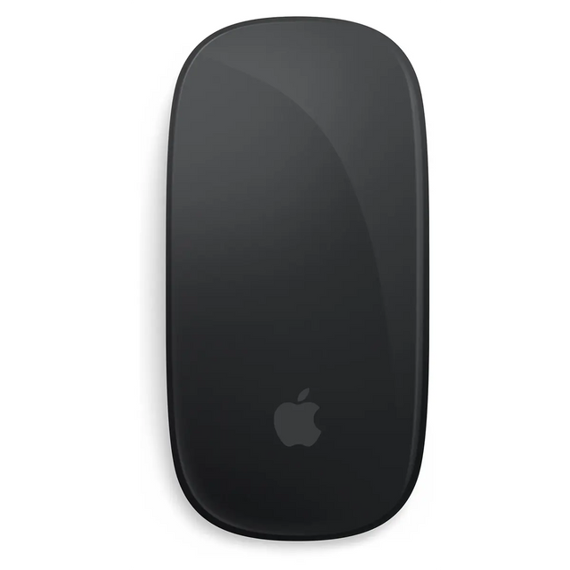 Die Apple Magic Mouse – Schwarz von Apple, die sich durch ihre elegante schwarze Oberfläche und ihre innovative Multi-Touch-Oberfläche auszeichnet, wird aus der Vogelperspektive vor einem weißen Hintergrund gezeigt. Diese Bluetooth-Maus ermöglicht eine stilvolle und nahtlose Navigation.