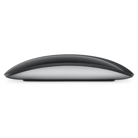 Die Apple Magic Mouse – Schwarz von Apple, die sich durch ein elegantes Design in Silber und Schwarz sowie eine glatte Multi-Touch-Oberfläche auszeichnet, ist hier von der Seite vor einem weißen Hintergrund zu sehen.