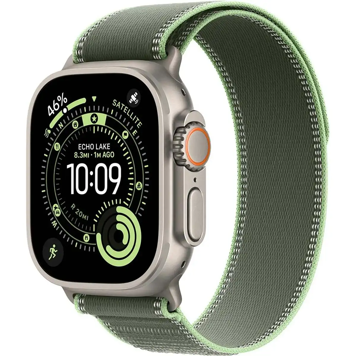 Apple Watch mit einem Apple Trail Loop 49 mm M/L Uhrenarmband in Grün/Neon, das auf seinem Bildschirm eine Fitness- und GPS-Schnittstelle anzeigt.