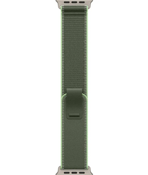 Apple Trail Loop 49 mm M/L Uhrenarmband in Grün/Neon von Apple mit Metallverbindern, vertikal auf weißem Hintergrund abgebildet.