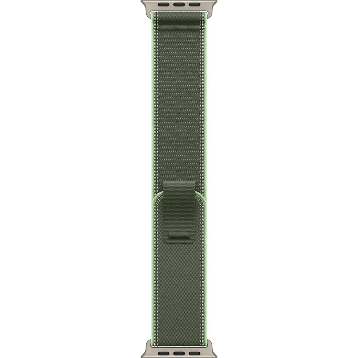 Apple Trail Loop 49 mm M/L Uhrenarmband in Grün/Neon von Apple mit Metallverbindern, vertikal auf weißem Hintergrund abgebildet.
