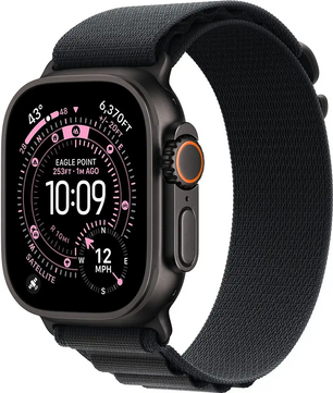 Apple Alpine Loop 49 mm M Uhrenarmband in Schwarz von Apple am Smartwatch-Display zeigt Uhrzeit, Höhenmeter und Wetterdaten digital an.