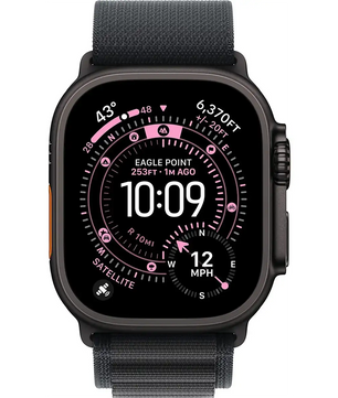 Apple Alpine Loop 49 mm M Uhrenarmband - schwarz von Apple am Apple Watch Ultra, zeigt Uhrzeit sowie Höhen- und Navigationsdaten an - ideal mit originalem Apple Zubehör.