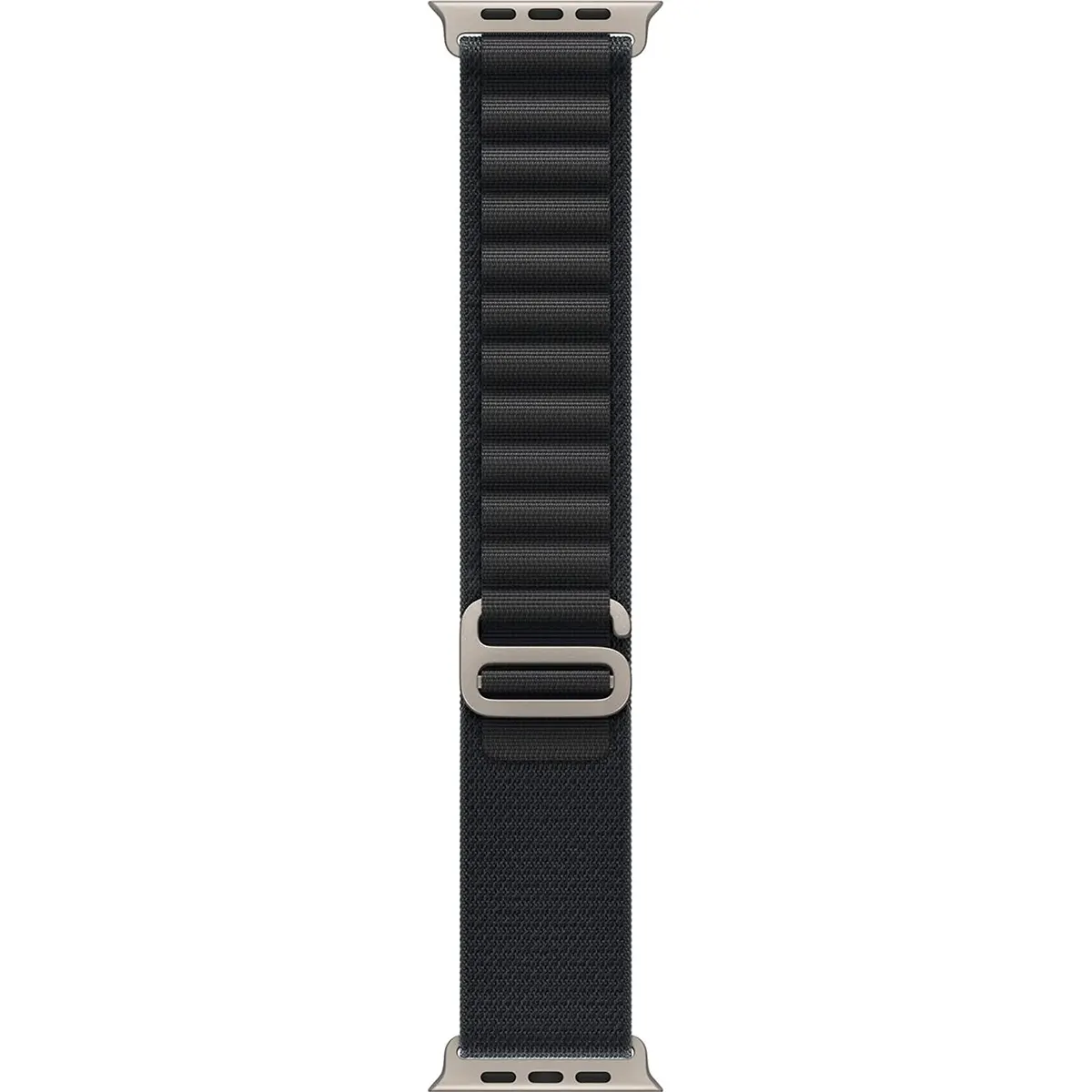 Das Apple Alpine Loop 49 mm M Uhrenarmband in schwarz ist ein schwarzes, strukturiertes Uhrenarmband mit Metallschließe und Steckern, entworfen für die Apple Watch, abgebildet auf weißem Hintergrund.
