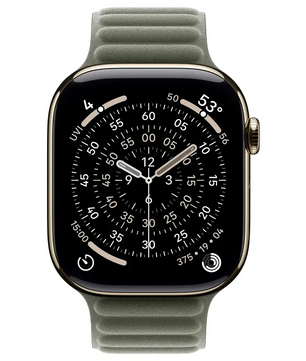 Apple Watch mit dunklem, rundem Ziffernblatt, gepaart mit dem Apple Magnet Link Band 42 mm S/M in Grau mit einem eleganten Magnetverschluss.