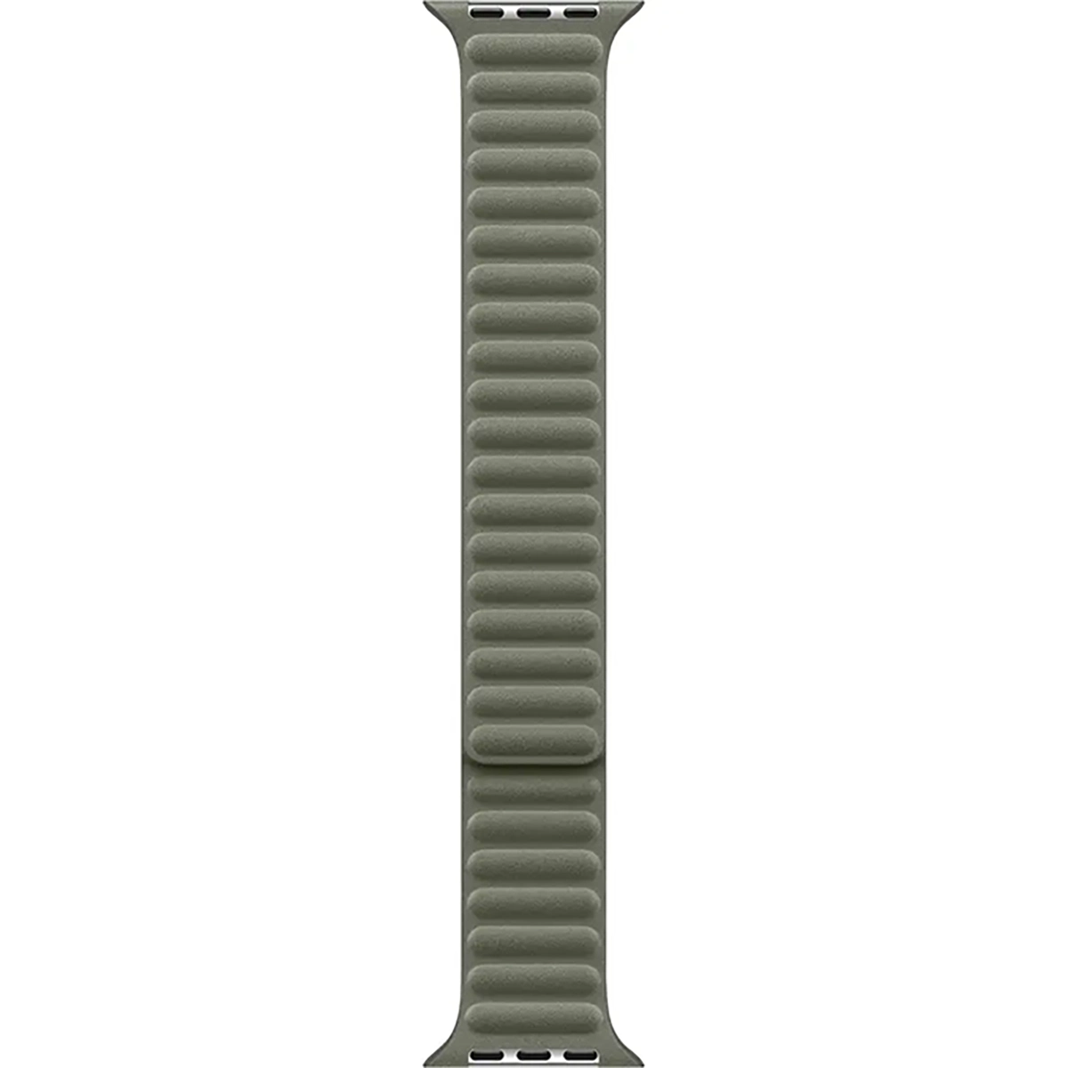 Ein graues Apple Magnetic Link Band 42 mm S/M von Apple für Apple Watch wird vertikal auf einem weißen Hintergrund angezeigt.