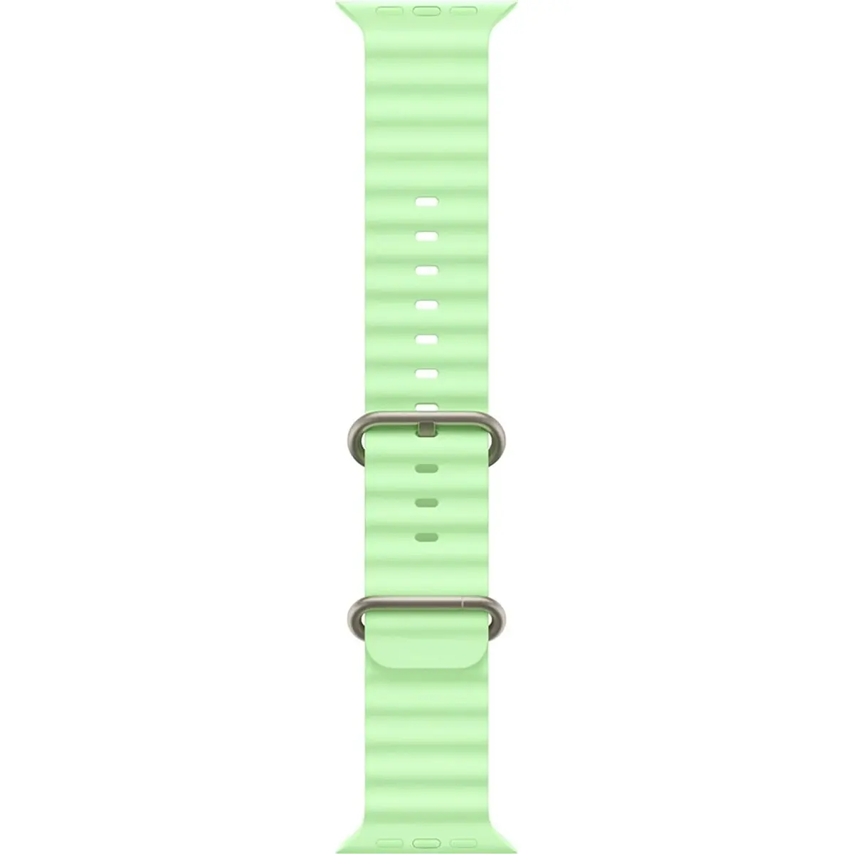 Apple Ocean Band 49 mm Uhrenarmband in Grün von Apple, mit Metallösen, wird vertikal vor weißem Hintergrund präsentiert.