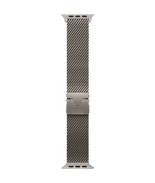 Das Apple Milanese Loop Band 49 mm L Uhrenarmband in Silber von Apple, mit einem Edelstahlgewebe mit Magnetverschluss, ist vertikal auf weißem Hintergrund abgebildet.