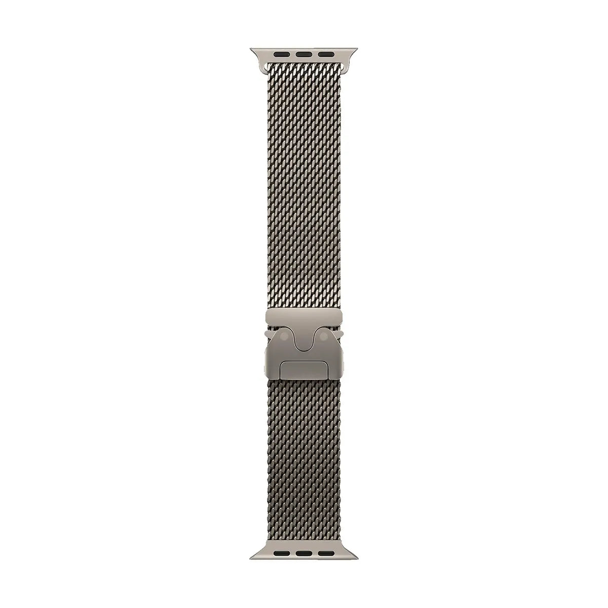 Das Apple Milanese Loop Band 49 mm L Uhrenarmband in Silber von Apple, mit einem Edelstahlgewebe mit Magnetverschluss, ist vertikal auf weißem Hintergrund abgebildet.