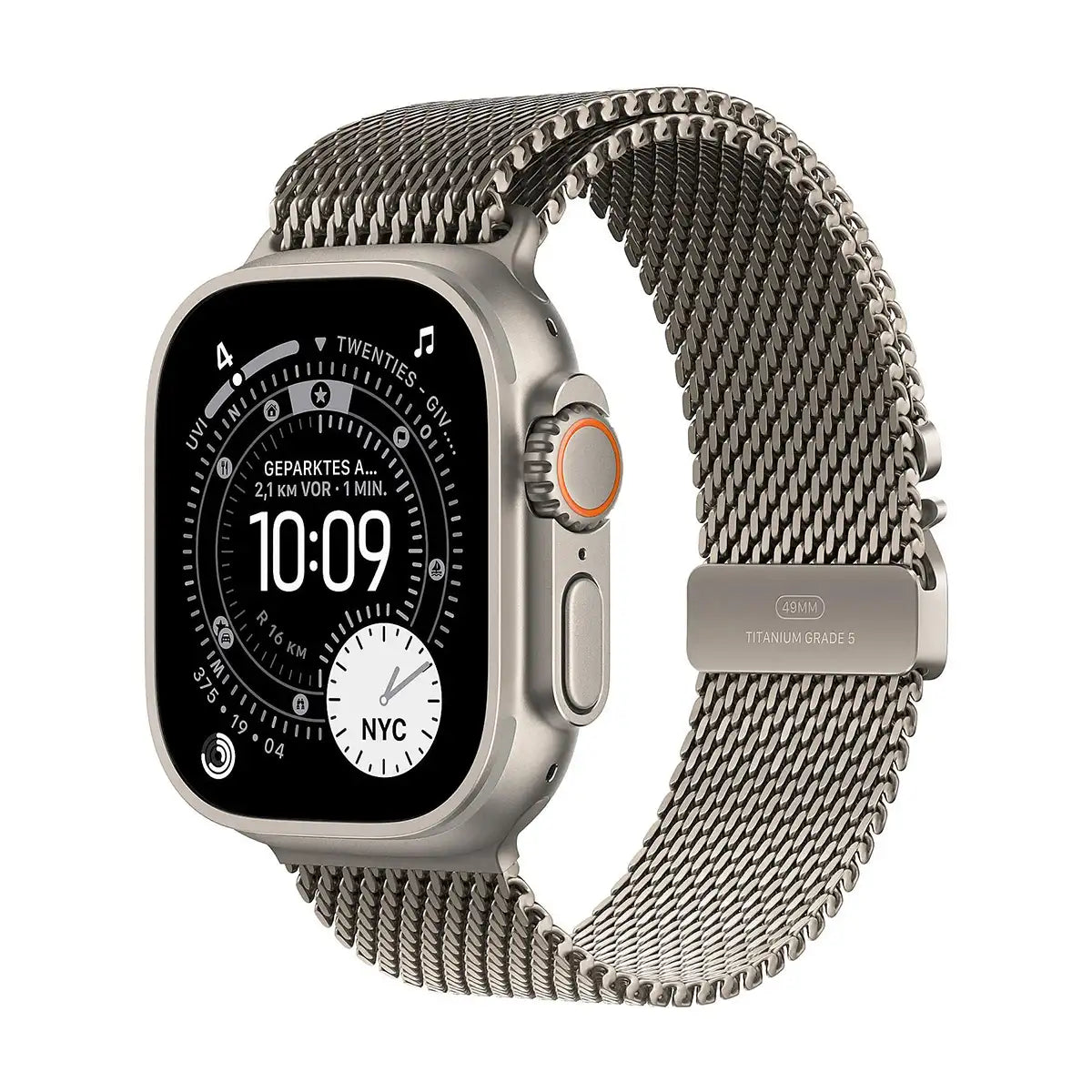 Ein Apple Milanese Loop Band 49 mm L Uhrenarmband in silber ist auf einer Smartwatch zu sehen, die auf ihrem Display die Uhrzeit und verschiedene Widgets anzeigt.