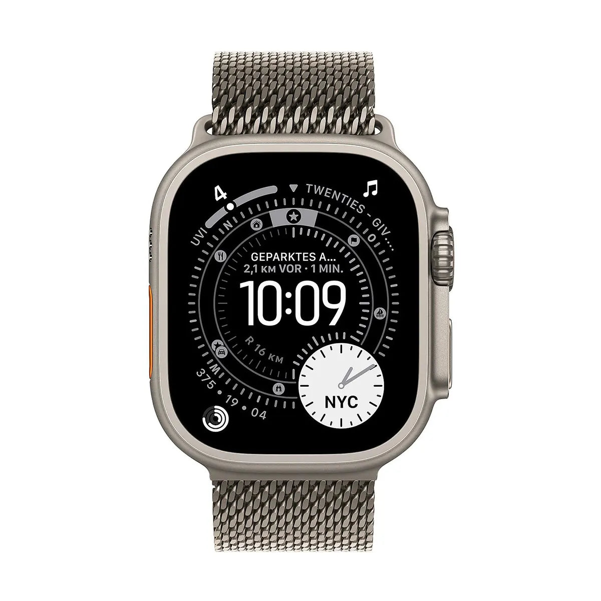 Das Apple Milanese Loop Band 49 mm L Uhrenarmband - silber von Apple bietet einen stilvollen, funktionalen Look für Ihre Smartwatch und zeigt auf seinem digitalen Display die Uhrzeit, das Datum und den Standort von NYC an.