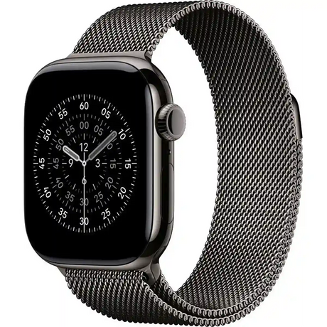 Das Apple Milanese Loop Band 42 mm M/L in Schwarz ist ein stilvolles Apple Watch Accessoire mit einem eleganten Edelstahl-Mesh-Design, perfekt für einen raffinierten Look im Analog-Stil.