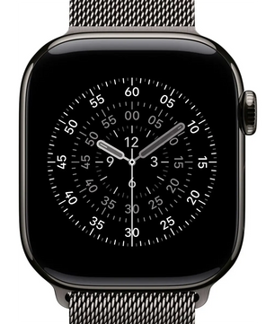 Ein schwarzes Apple Milanese Loop Band 42 mm M/L Uhrenarmband von Apple, gefertigt aus Edelstahlgeflecht, gepaart mit einer Apple Watch und analogem Chronographengesicht - ein elegantes Zubehör für jeden Anlass.
