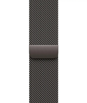 Nahaufnahme des Apple Milanese Loop Band 42 mm M/L Uhrenarmband in schwarz von Apple, mit Magnetverschluss - ideal als stylisches Apple Watch Zubehör.